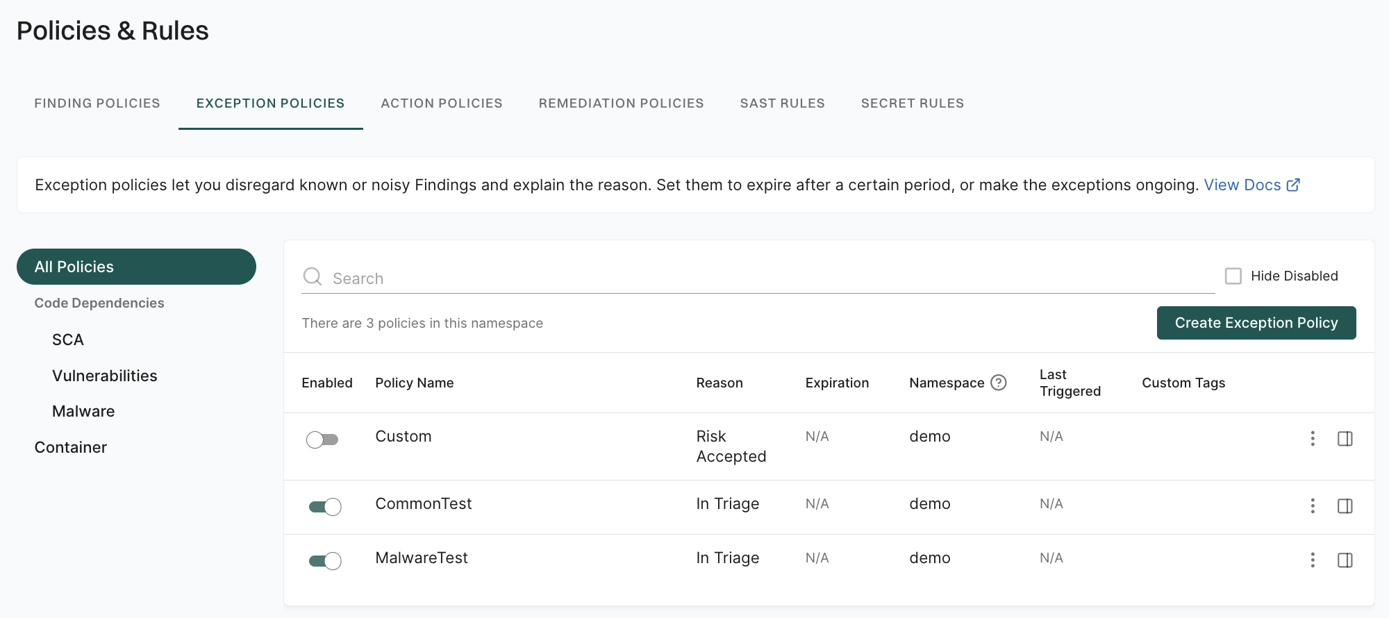 Exception policies