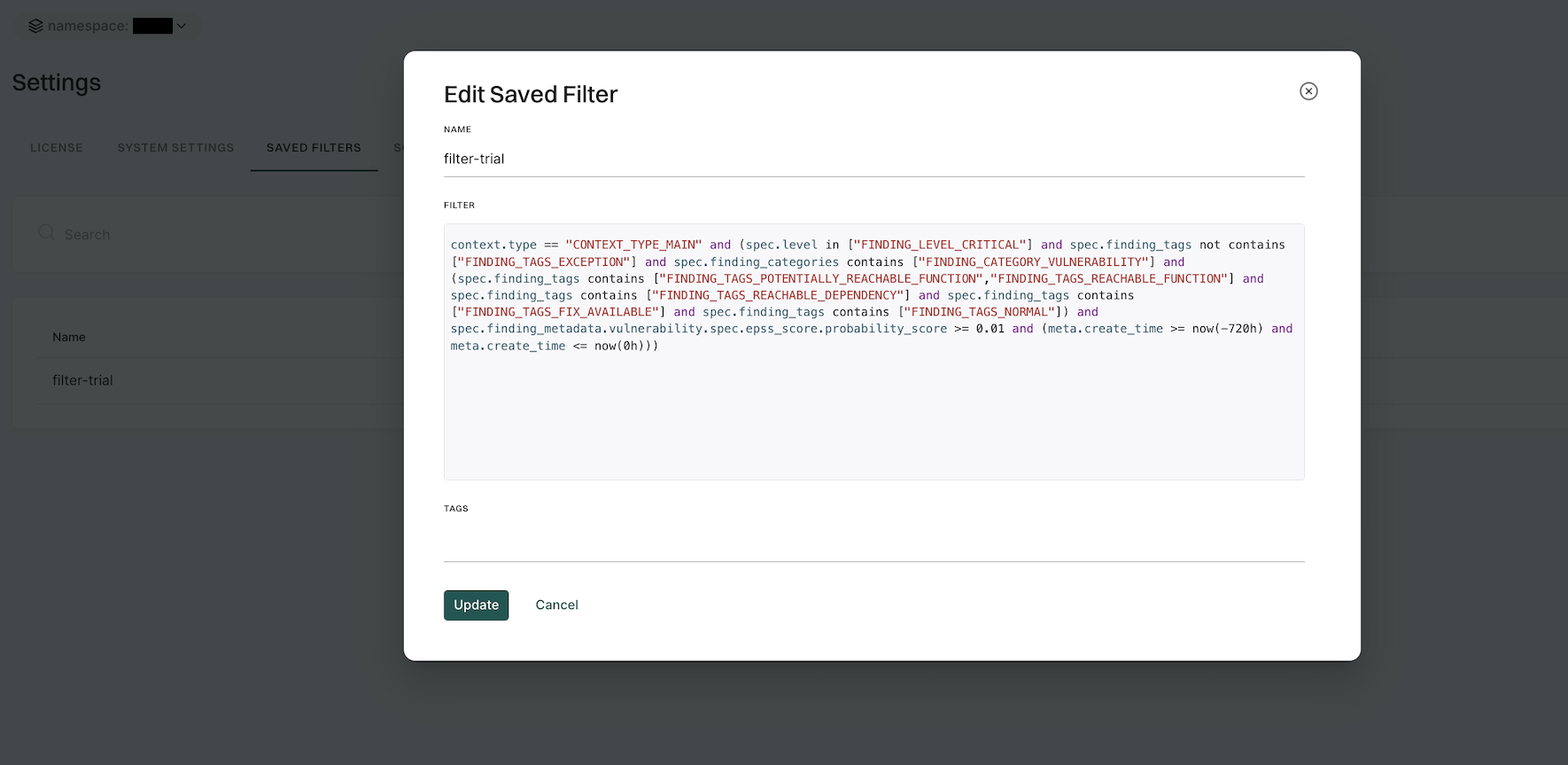 Update saved filter